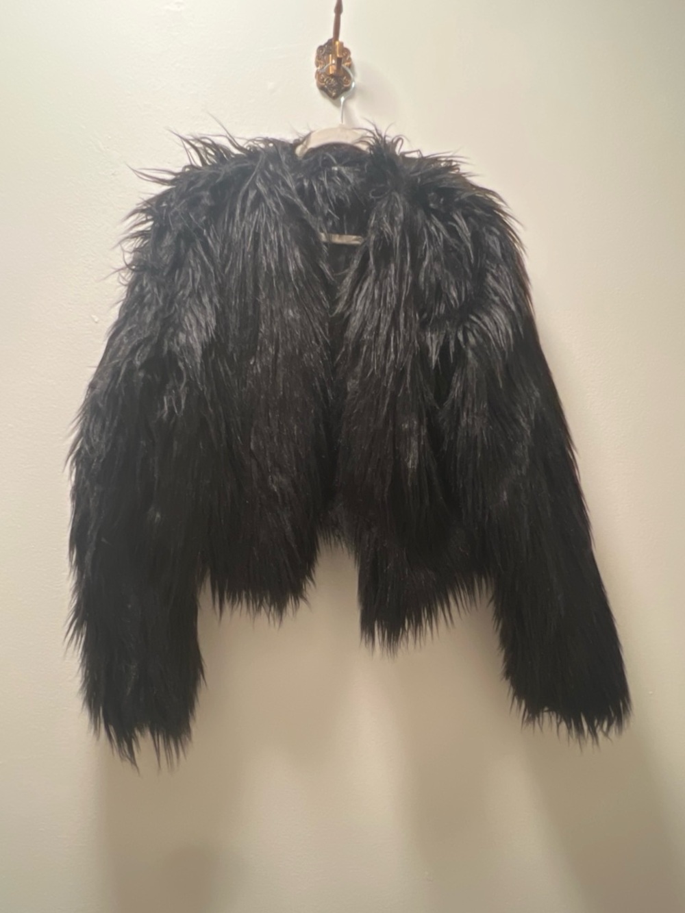 PrettyLittleThing Black Faux Fur Crop Jacket